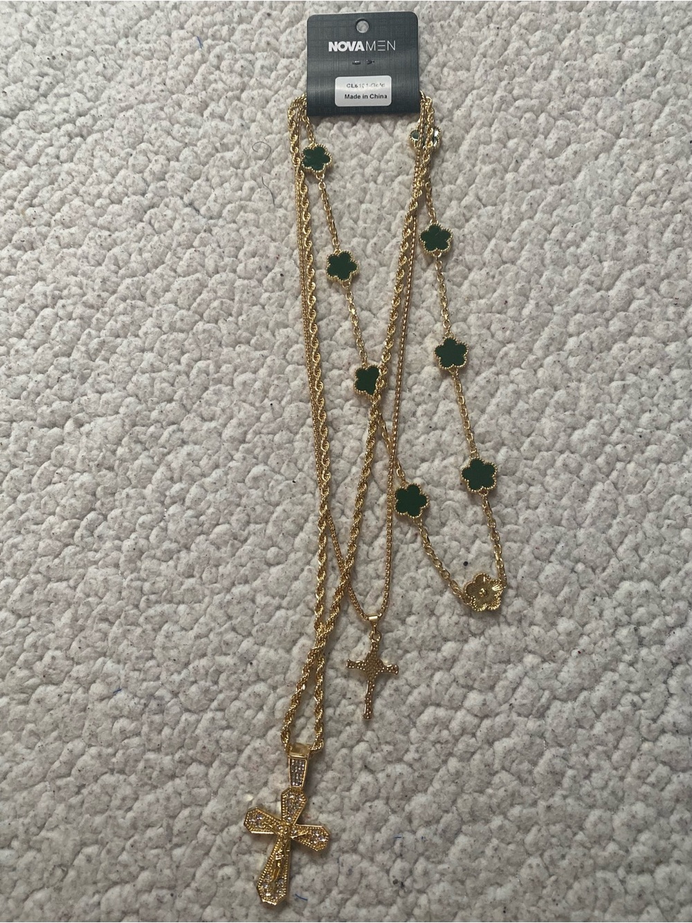 NovaMen Gold Layered Necklace with Green Clover Accents and Cross Pendants